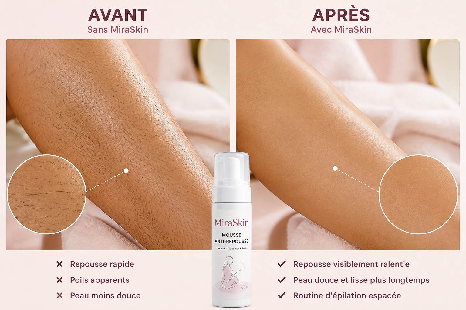 MiraSkin™ – Mousse Anti-Repousse des Poils | Peau Douce & Soyeuse Plus Longtemps