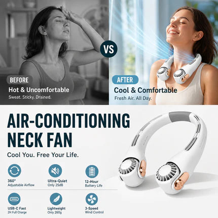 🔥🌪️🍃 VENTE CLIMATISEUR PORTABLE – Ventilateur de Cou à Faible Bruit, Rotatif 360° & Autonomie Longue (Blanc/Rose