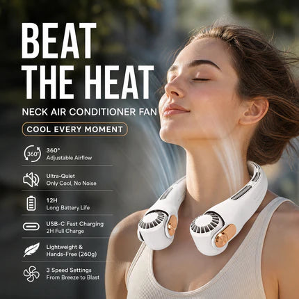 🔥🌪️🍃 VENTE CLIMATISEUR PORTABLE – Ventilateur de Cou à Faible Bruit, Rotatif 360° & Autonomie Longue (Blanc/Rose