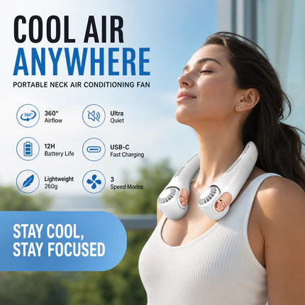 🔥🌪️🍃 VENTE CLIMATISEUR PORTABLE – Ventilateur de Cou à Faible Bruit, Rotatif 360° & Autonomie Longue (Blanc/Rose