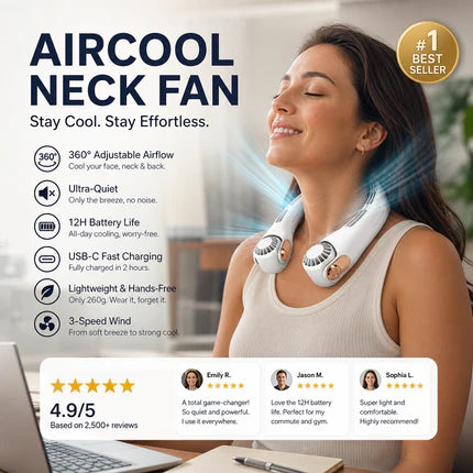 🔥🌪️🍃 VENTE CLIMATISEUR PORTABLE – Ventilateur de Cou à Faible Bruit, Rotatif 360° & Autonomie Longue (Blanc/Rose