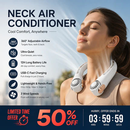 🔥🌪️🍃 VENTE CLIMATISEUR PORTABLE – Ventilateur de Cou à Faible Bruit, Rotatif 360° & Autonomie Longue (Blanc/Rose
